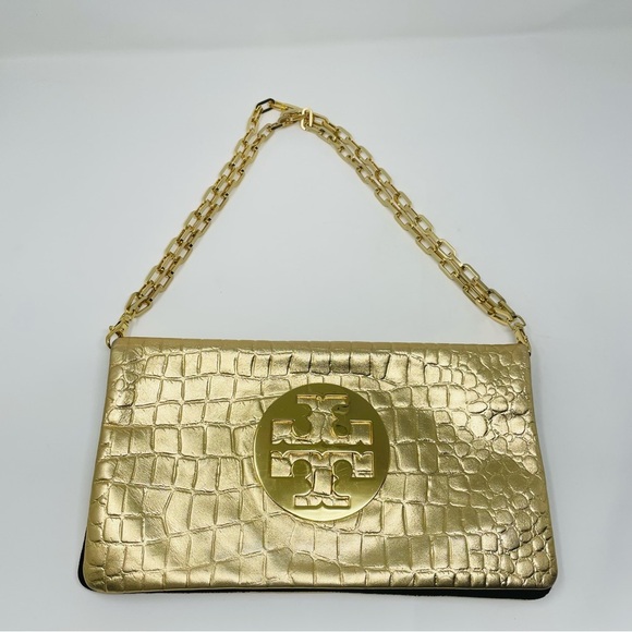 Tory Burch Gold Embossed Metallic Reva Clutch - Picture 6 of 8